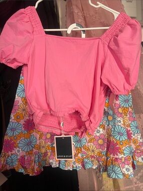 Andy & Evan Hot Pink Puff Sleeve smocked back Cropped Top & floral skirt set